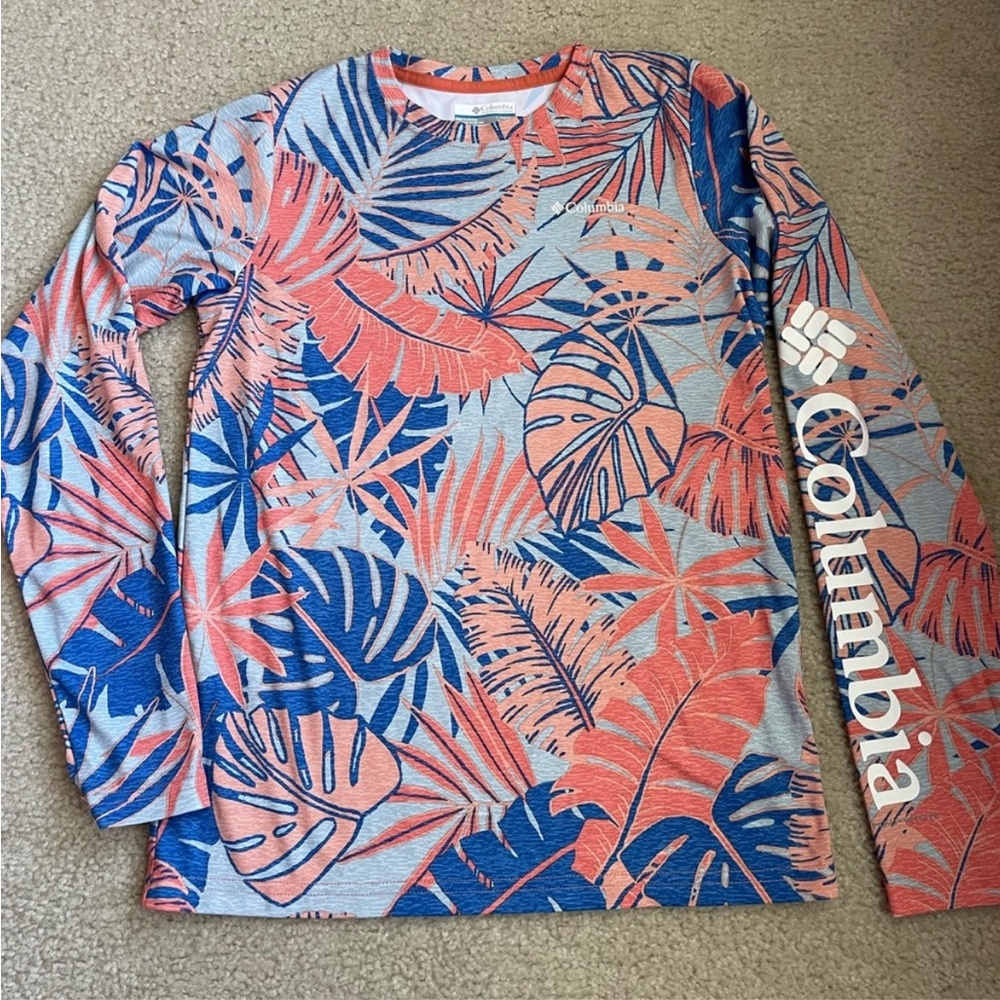 Columbia Coral & Navy Tropical Leaf Long Sleeve Shirt